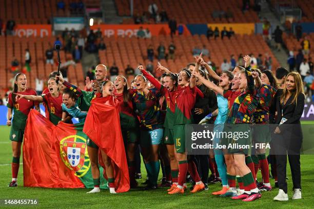 Portugal celebrate victory and qualification for the 2023 FIFA Women's World Cup during the 2023 FIFA World Cup Play Off Tournament match between...