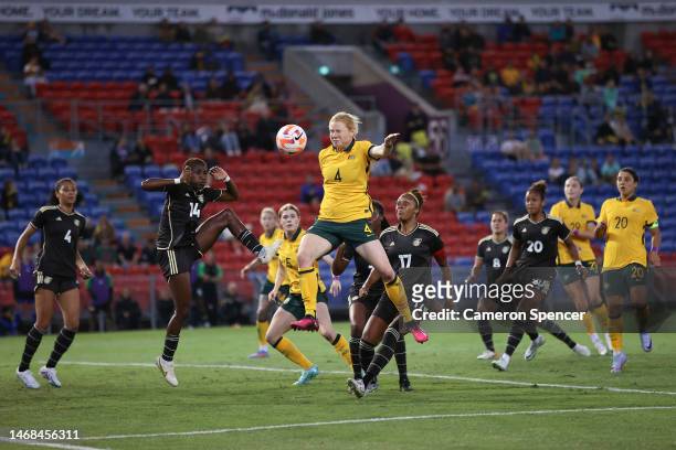 Clare Polkinghorne of Matildas battles for a header with Deneisha Blackwood of Jamaica during the Cup of Nations match between the Australia Matildas...