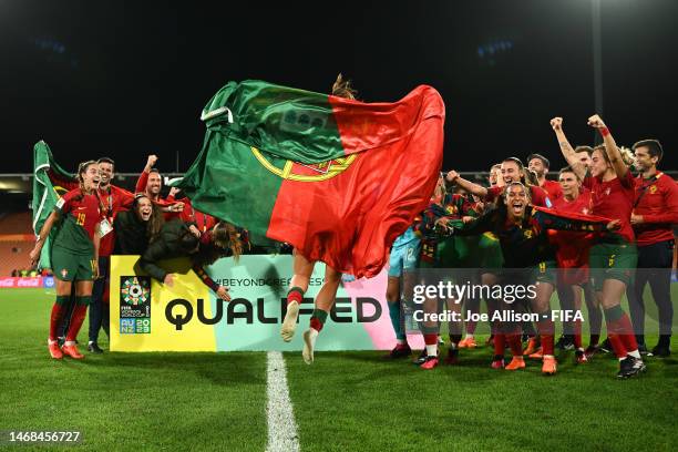 Portugal celebrate victory and qualification for the 2023 FIFA Women's World Cup during the 2023 FIFA World Cup Play Off Tournament match between...