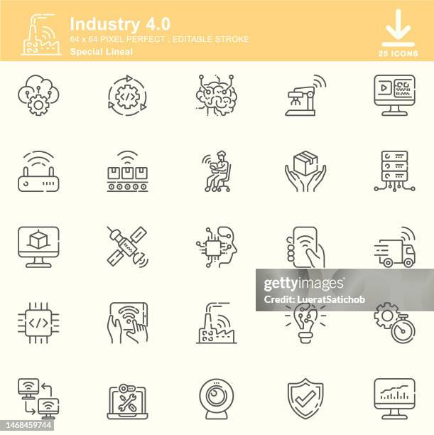 industry 4.0 lineal icons , editable stroke , 64x64 pixel perfect - factory robot isolated stock illustrations