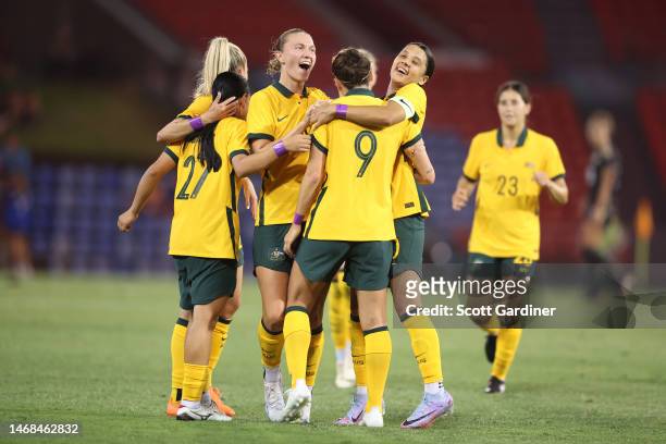 Caitlin Foord of the Matildas celebrates a goal with teammates during the Cup of Nations match between the Australia Matildas and Jamaica at McDonald...