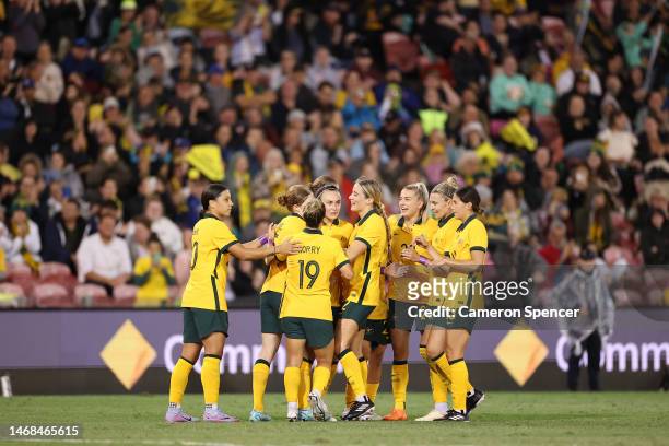 Caitlin Foord of the Matildas celebrates a goal with team mates during the Cup of Nations match between the Australia Matildas and Jamaica at...