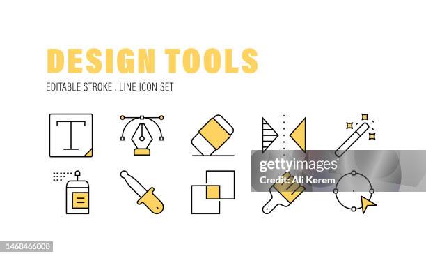 design tools, layer, text, pen tool, ruler, paint brush icons - eye drop closeup stock illustrations