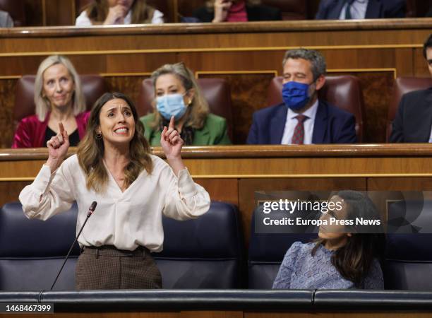 The Minister of Equality, Irene Montero, speaks during a session of control to the Government, in the Congress of Deputies, on 22 February, 2023 in...