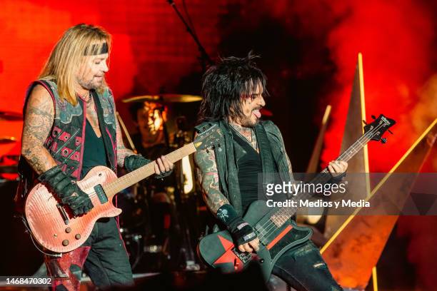 Vince Neil of Motley Crue, performing during a concert between Def Leppard and Motley Crue bands, at Estadio Banorte on February 21, 2023 in...