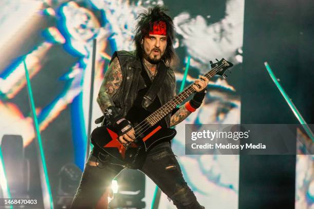 Nikki Sixx of Motley Crue performing during a concert between Def Leppard and Motley Crue bands, at Estadio Banorte on February 21, 2023 in...