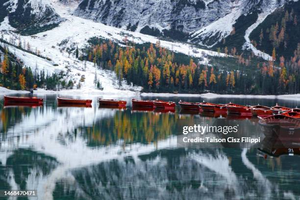 reflections in the lago di braies, in the dolomites. - gaia filippi stock pictures, royalty-free photos & images