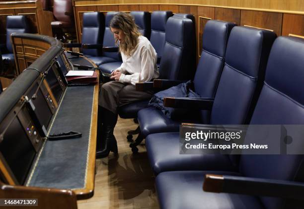 The Minister of Equality, Irene Montero, during a session of control to the Government, in the Congress of Deputies, on 22 February, 2023 in Madrid,...