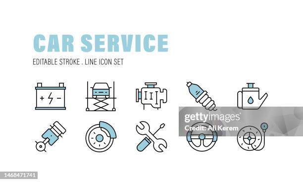 car service, piston, car lifter, car engine, maintenance, disc brake, battery icons - spark plug stock illustrations