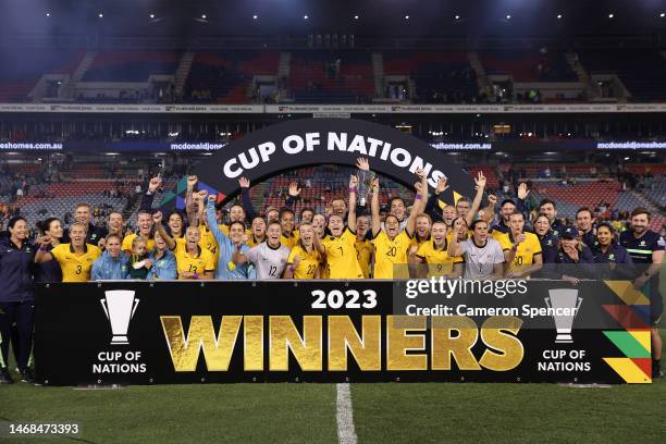 Matildas players celebrate winning the Cup of Nations 2during the Cup of Nations match between the Australia Matildas and Jamaica at McDonald Jones...