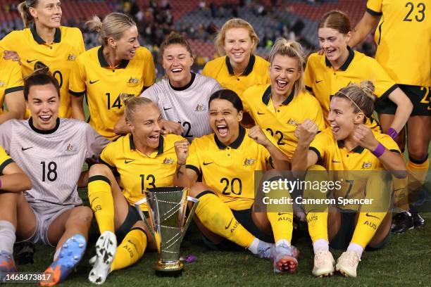 Sam Kerr of the Matildas signs celebrates with team mates after winning the Cup of Nations match between the Australia Matildas and Jamaica at...