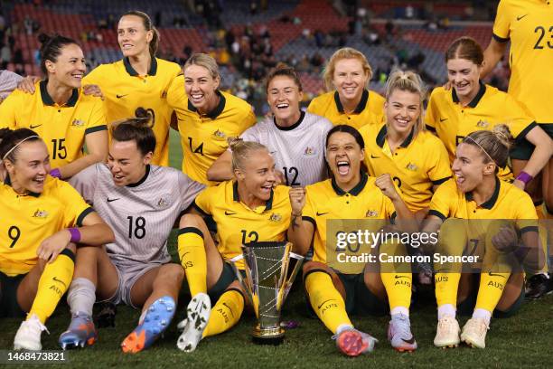 Sam Kerr of the Matildas signs celebrates with team mates after winning the Cup of Nations match between the Australia Matildas and Jamaica at...