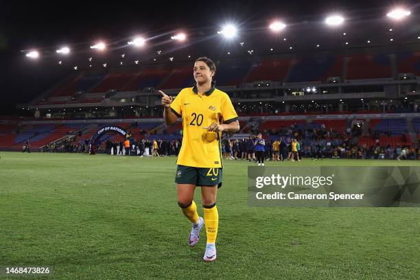 Sam Kerr of the Matildas heads over to fans after winning the Cup of Nations match between the Australia Matildas and Jamaica at McDonald Jones...