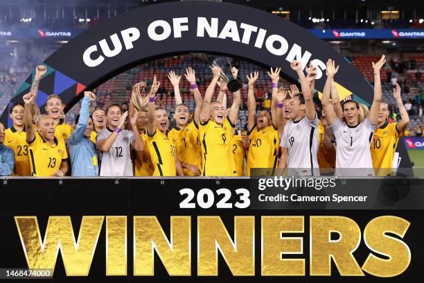 Matildas players celebrates winning the Cup of Nations match between the Australia Matildas and Jamaica at McDonald Jones Stadium on February 22,...