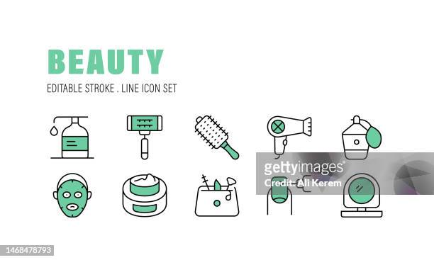 beauty, hair dryer, cream, moisturizer, beauty, shower gel icons - nail brush stock illustrations