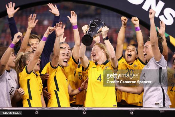 Clare Polkinghorne of the Matildas and team mates celebrate winning the Cup of Nations match between the Australia Matildas and Jamaica at McDonald...