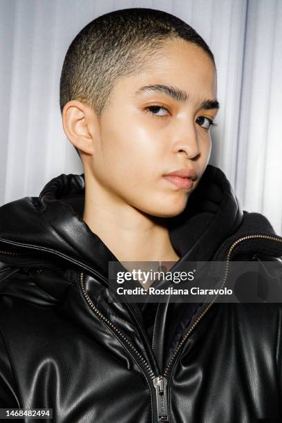 Model poses backstage at the Iceberg Since 1974 fashion show during the Milan Fashion Week Womenswear Fall/Winter 2023/2024 on February 22, 2023 in...