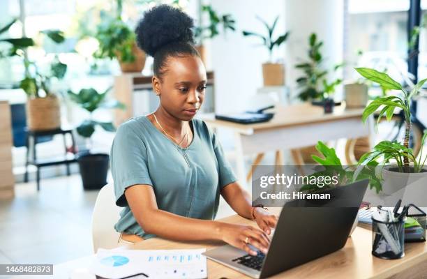 accountant, laptop typing and business woman review financial savings, finance budget or accounting compliance. analytics, bookkeeping data analysis or african administration work on research graph - compliance stock pictures, royalty-free photos & images