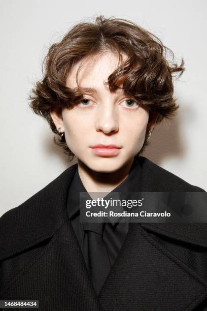 Model poses backstage at the Iceberg Since 1974 fashion show during the Milan Fashion Week Womenswear Fall/Winter 2023/2024 on February 22, 2023 in...