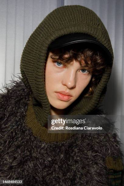 Model poses backstage at the Iceberg Since 1974 fashion show during the Milan Fashion Week Womenswear Fall/Winter 2023/2024 on February 22, 2023 in...