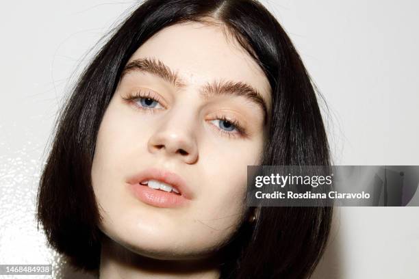 Model, eyebows detail, poses backstage at the Iceberg Since 1974 fashion show during the Milan Fashion Week Womenswear Fall/Winter 2023/2024 on...