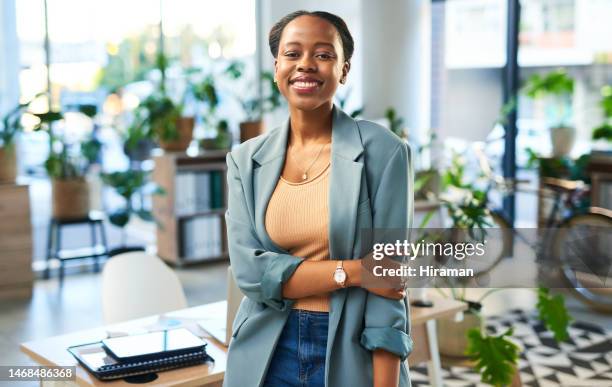 face of black woman in office startup for eco friendly, green mission and sustainable business success. portrait of professional employee, boss or manager for leadership, company growth and values - personal organizer bildbanksfoton och bilder