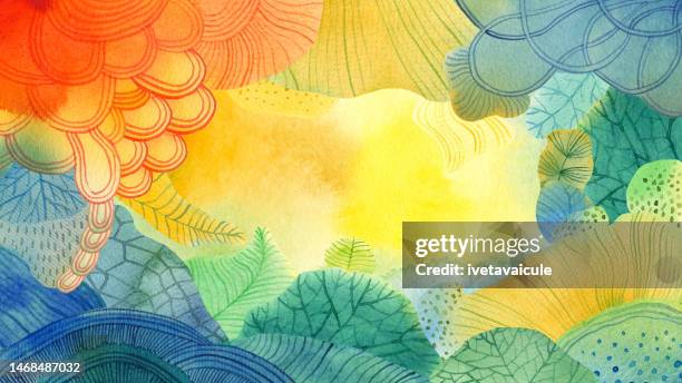 stockillustraties, clipart, cartoons en iconen met abstract colourful landscape - waterverfachtergrond