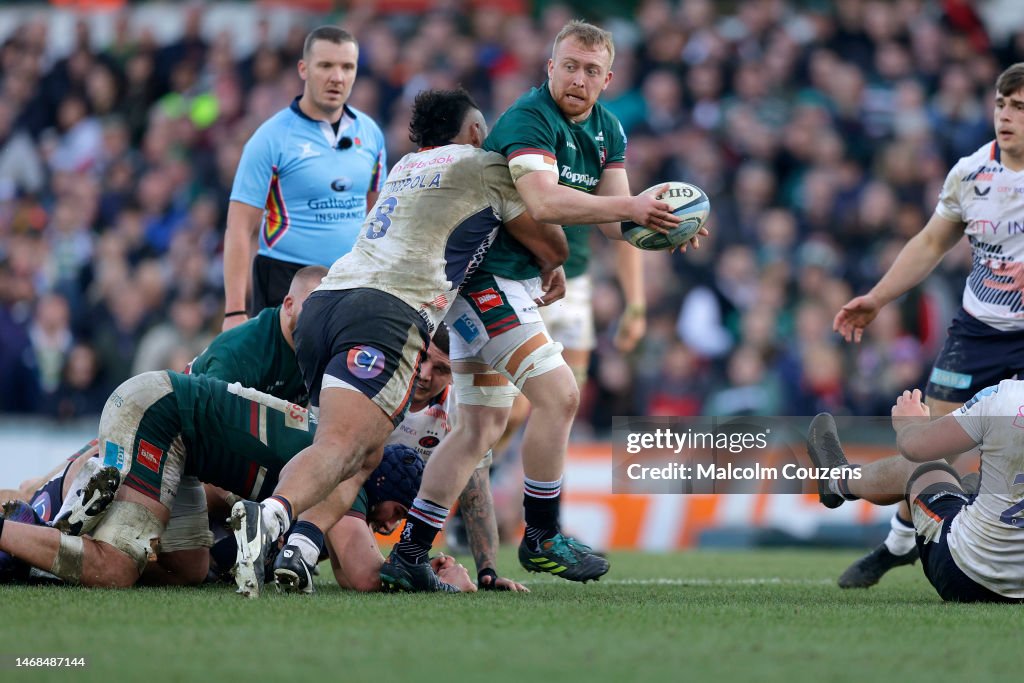 Tigers Rugby Tommy Reffell of Leicester Tigers is tackled by Billy Vunipola of ...