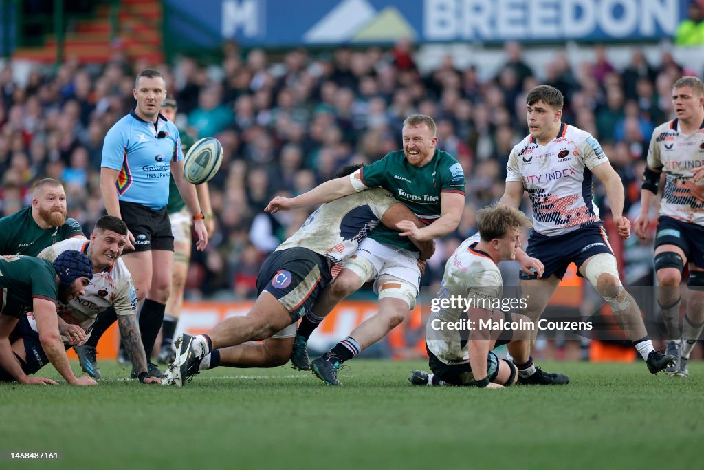 Leiscter Rugby Tommy Reffell of Leicester Tigers is tackled by Billy Vunipola of ...
