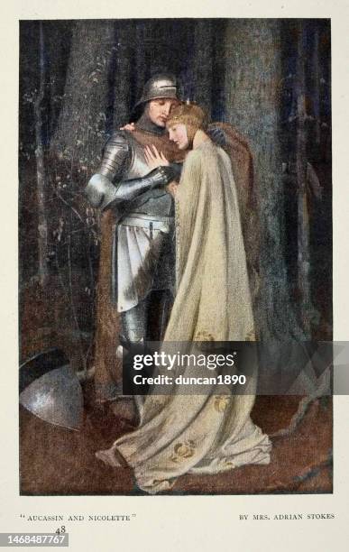 bildbanksillustrationer, clip art samt tecknat material och ikoner med aucassin and nicolette, medieval french romance, knight and damsel, 1890s art, marianne stokes - romantik