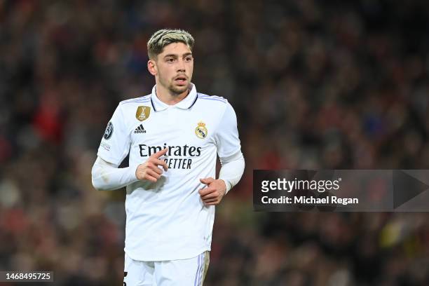 Federico Valverde of Real Madrid looks on during the UEFA Champions League round of 16 leg one match between Liverpool FC and Real Madrid at Anfield...
