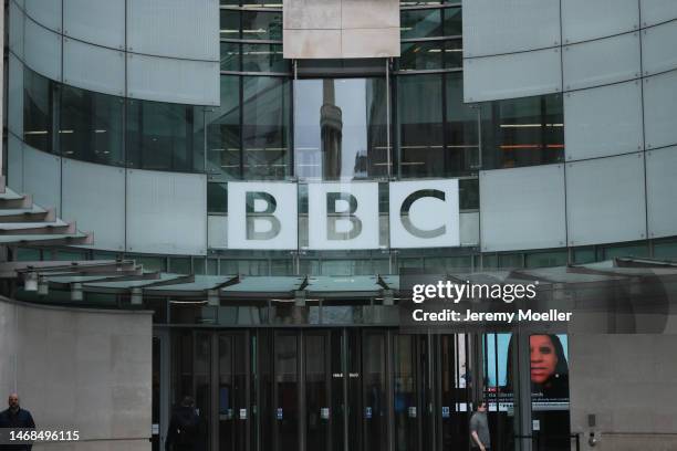 The exterior of BBC photographed on February 20, 2023 in London, England.