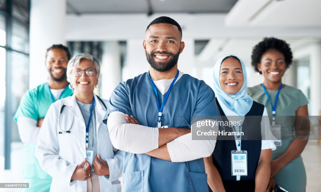 Healthcare, portrait and team of doctors in the hospital standing after a consultation or surgery. Success, confidence and group of professional medical workers in collaboration at a medicare clinic.