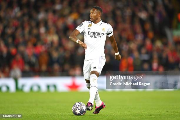 David Alaba of Real Madrid in actio during the UEFA Champions League round of 16 leg one match between Liverpool FC and Real Madrid at Anfield on...