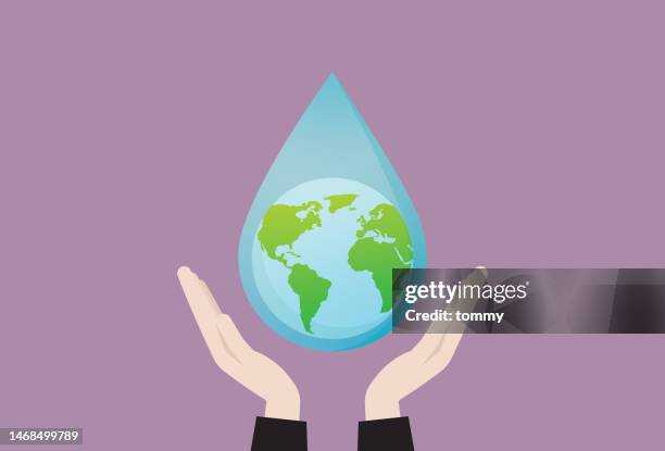 hand holding a water drop for world water day - purity stock illustrations
