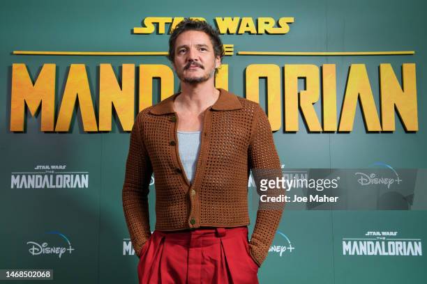 Pedro Pascal attends the photocall for Disney's "The Mandalorian" Season 3 at Picadilly Circus on February 22, 2023 in London, England.