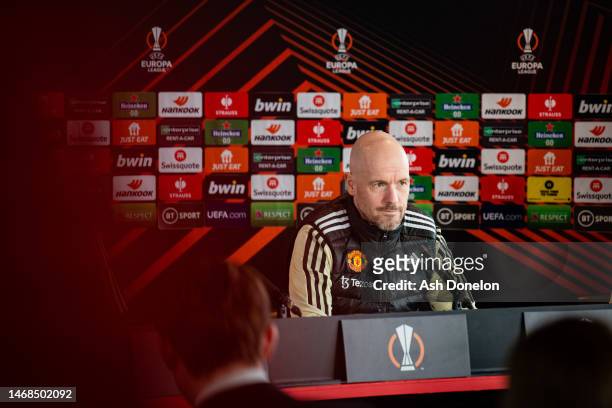Manager Erik ten Hag of Manchester United speaks during a press conference ahead of their UEFA Europa League knockout round play-off leg two match...