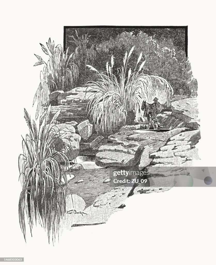 Source in the Cordillera of Argentina, wood engraving, published in 1899