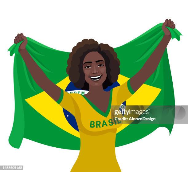 brazilian young black woman celebrating with brazil flag - brazilian ethnicity stock illustrations