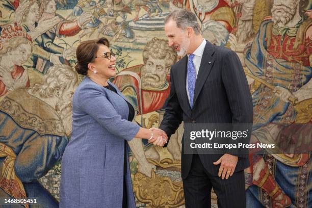 The president of Honduras, Xiomara Castro, is received by King Felipe VI, upon her arrival at the Zarzuela Palace, on 22 February, 2023 in Madrid,...