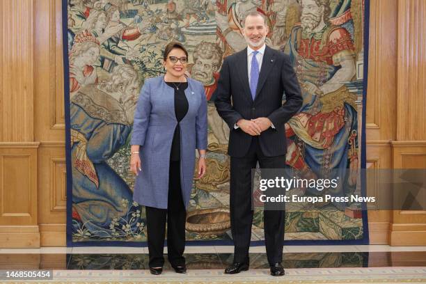 The president of Honduras, Xiomara Castro and King Felipe VI, pose on her arrival at the Zarzuela Palace, on 22 February, 2023 in Madrid, Spain....