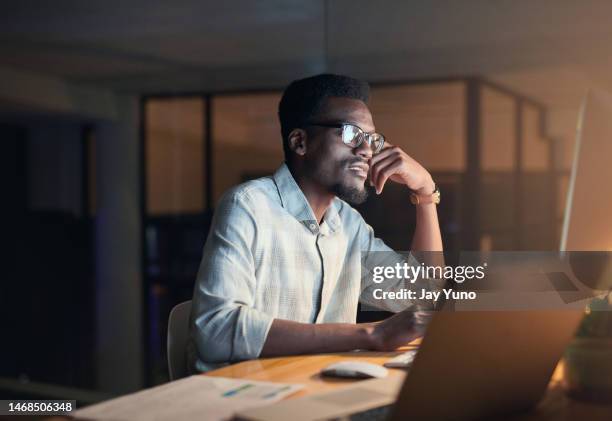 businessman, thinking or reading computer in night office of financial strategy, insurance budget or investment data. worker, confused or working late on technology, finance debt or risk management - risk management stock pictures, royalty-free photos & images