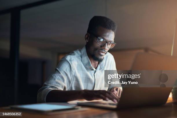 worker, serious
 or reading laptop in night office of financial schedule, insurance budget strategy or investment target. black man, businessman or ideas on late technology or finance data analytics - night before stock pictures, royalty-free photos & images