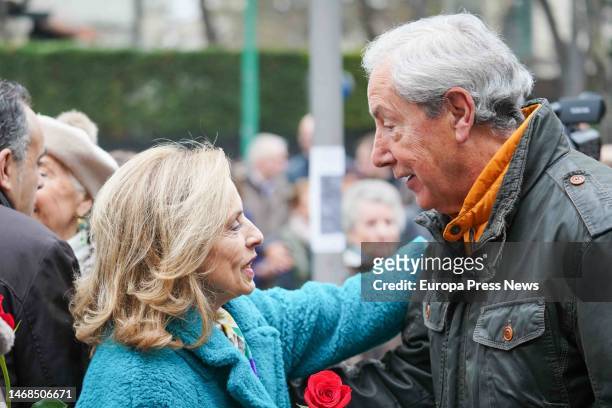 The widow of Fernando Buesa, Natividad Rodriguez, talks with the father of Jorge Diez during a wreath laying to the Basque socialist leader Fernando...