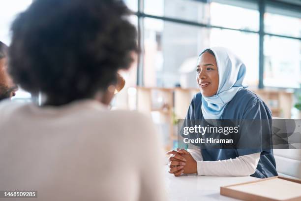 couple, nurse or doctor talking, consulting or helping with ivf treatment, fertility or prenatal health advice. smile, trust or healthcare worker speaking to black people in clinic or medical checkup - pregnant muslim stock pictures, royalty-free photos & images