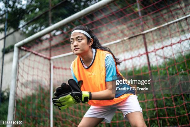 focused goalie in the goal - defesa jogador de futebol imagens e fotografias de stock
