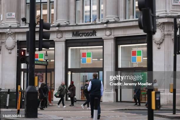 The exterior of a Microsoft store photographed on February 20, 2023 in London, England.