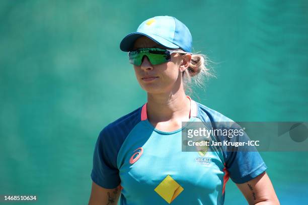 Ashleigh Gardner looks on during an Australia nets session, part of the ICC Women's T20 World Cup South Africa at Newlands Stadium on February 22,...