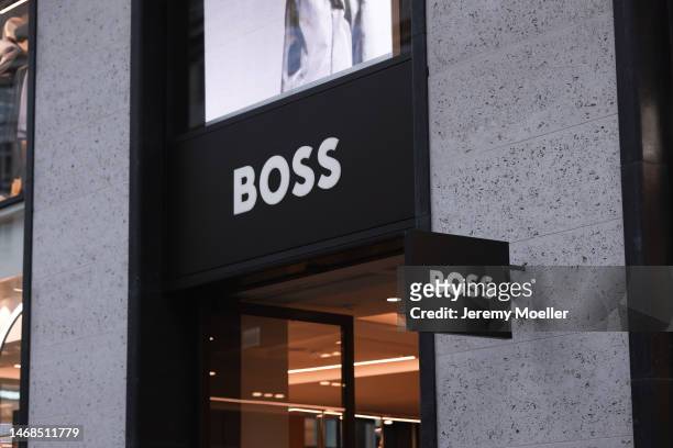 The exterior of a BOSS store photographed on February 18, 2023 in London, England.
