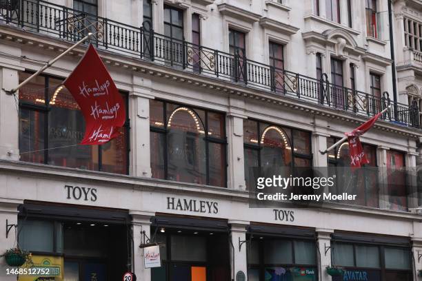 The exterior of a Hamleys Toys & Gifts store photographed on February 20, 2023 in London, England.